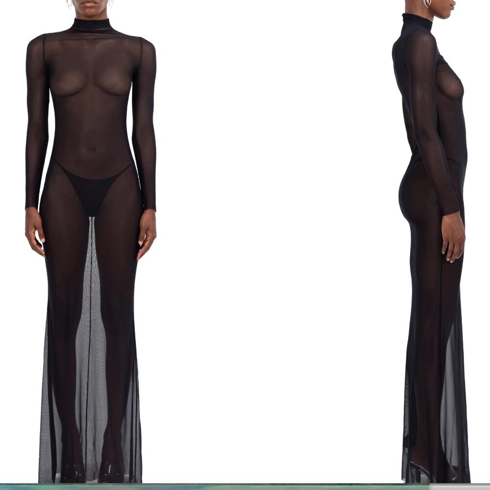 Small Zhilyova Moonlight Black Maxi Dress Mesh Sheer Transparent Long Sleeved